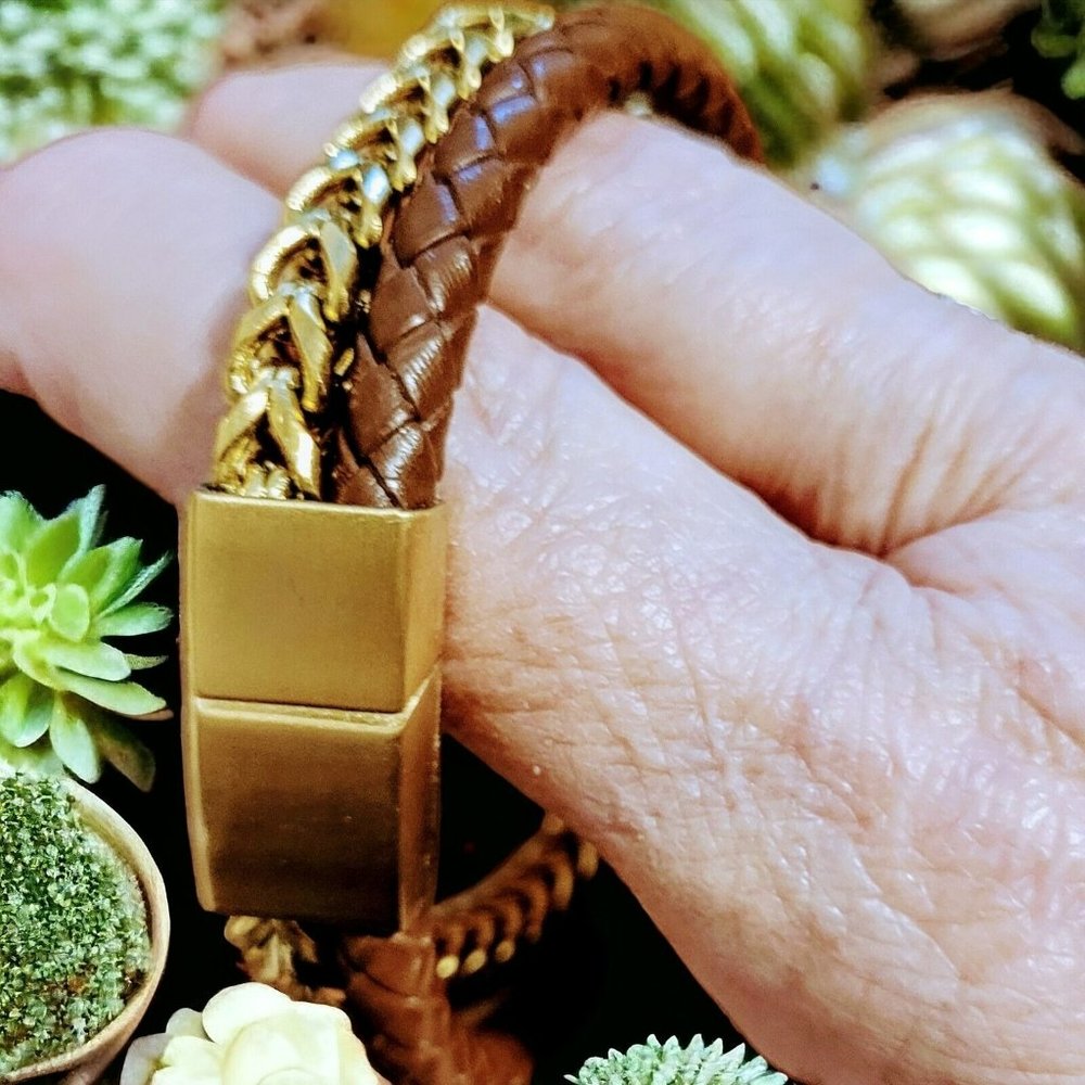 Brown Faux Leather GoldTone Chain Men's Bracelet 8.5" Teen Fathers Day Gift Mbr2